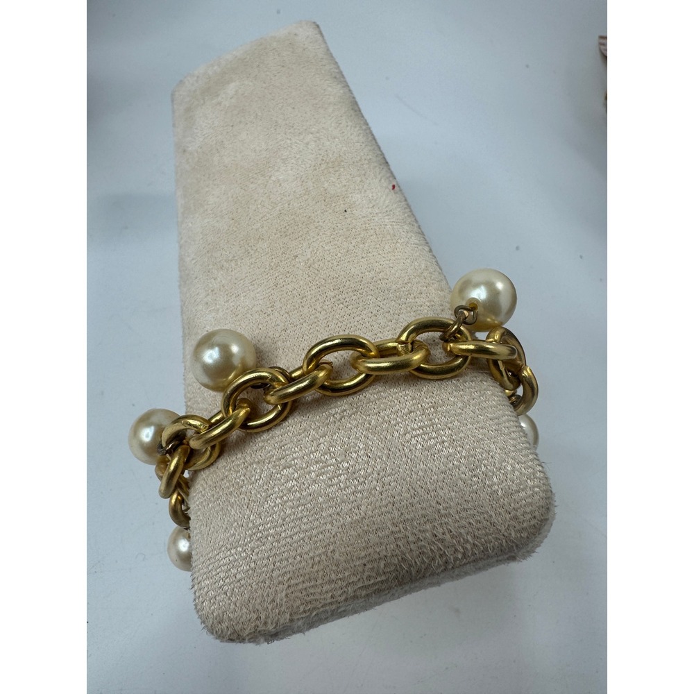 Gold Tone Chunky Cable Chain Bracelet with Faux Pearl Charms Statement Jewelry